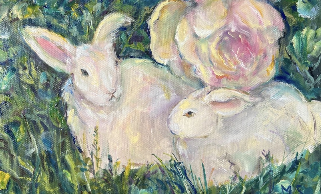 White Rabbits and Peonies by Marina Stognieva